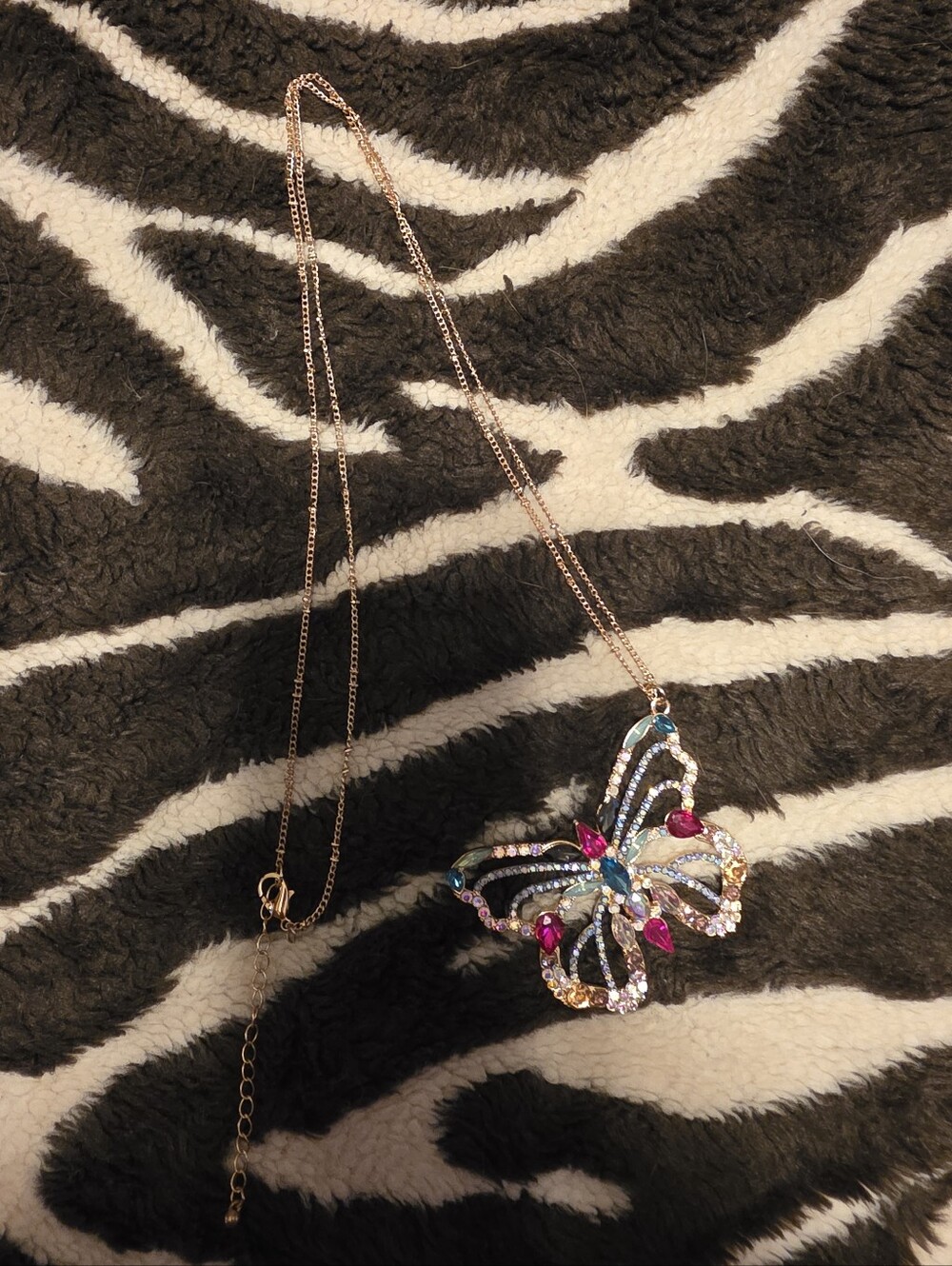 Rose Gold Butterfly Pendant Necklace with Multicolor Gems